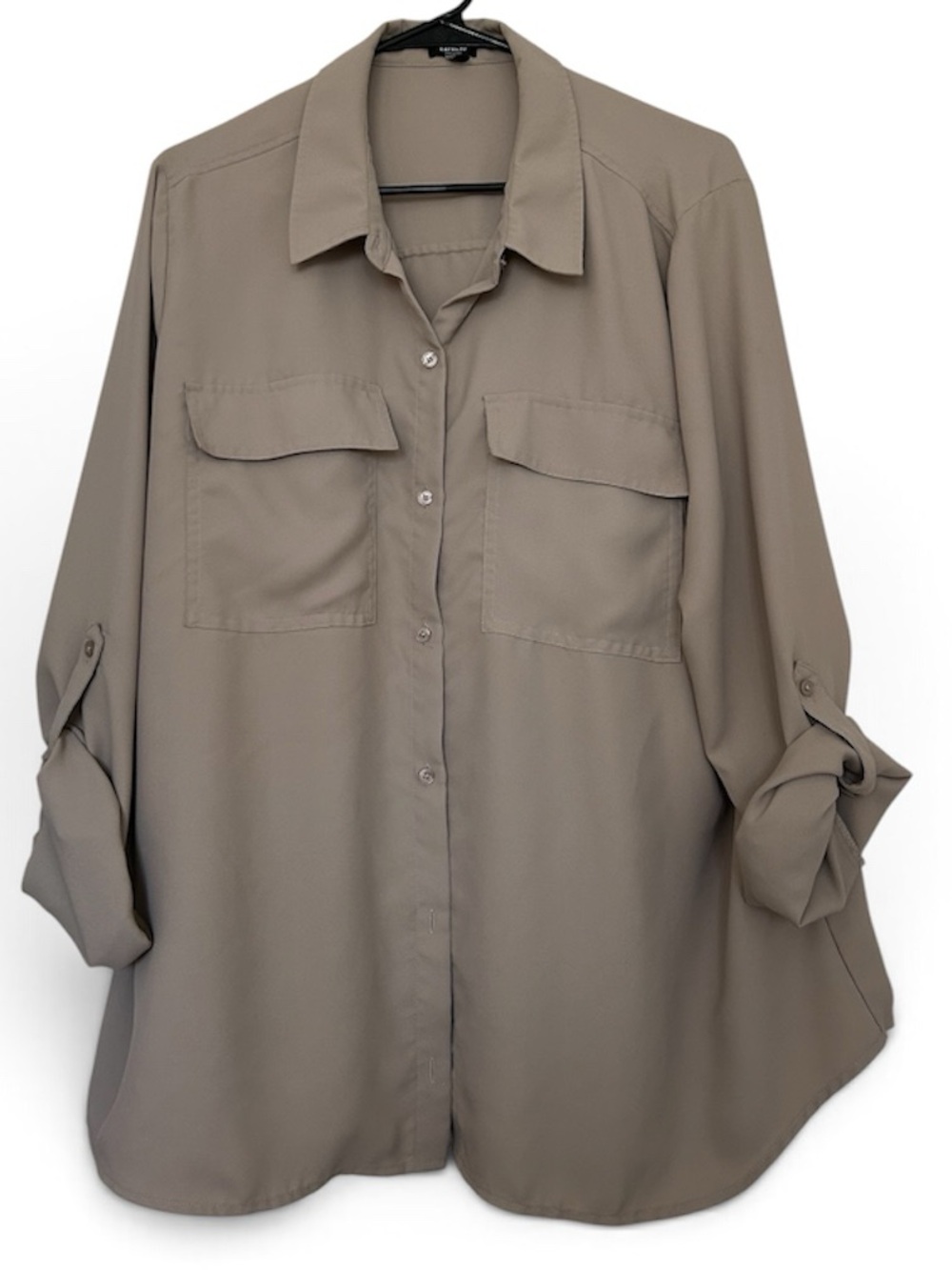 Express Taupe Button-Down Double Front Pocket Shirt Roll-up Sleeves